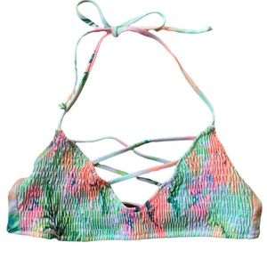 Victoria’s Secret PINK Smocked Neon Tropical Strappy Bikini Top Like New Small